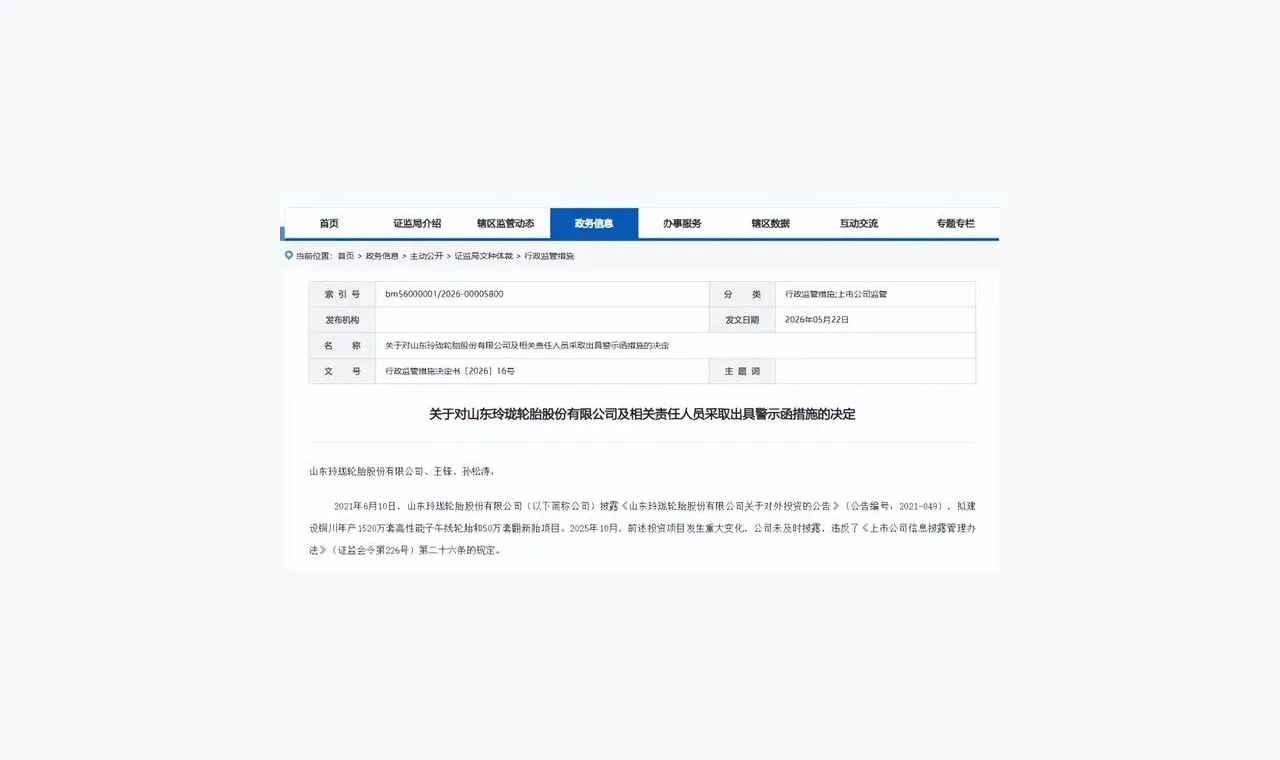 山东玲珑轮胎股份有限公司被警示,因信披不及时等 插图